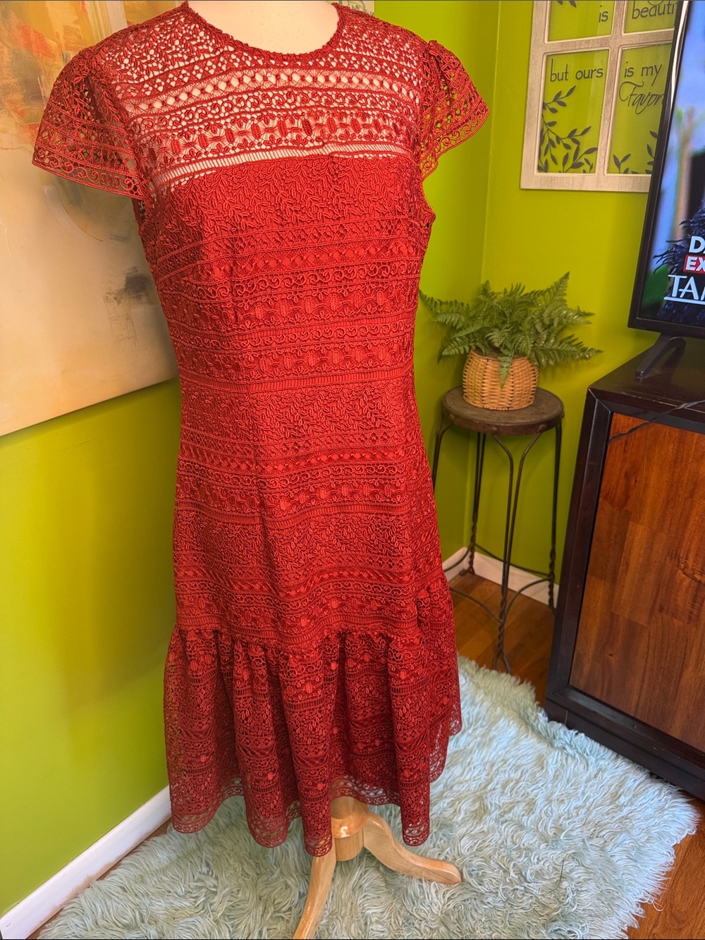 ANTONIO MELANI Crimson Red Lace Midi Dress with Flounce